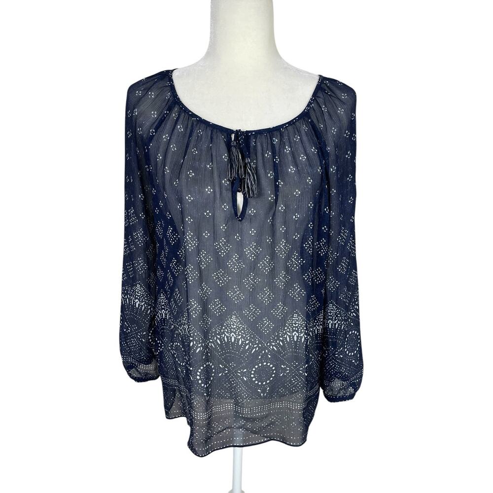 Joie Silk Batik Printed Peasant Blouse Sheer Blue Sz S Boho Indie Parisian Chic